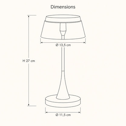 Dimension diagram of the Tylen rechargeable table lamp, 13.5 cm shade, 27 cm height, 11.5 cm base | Wickleigh