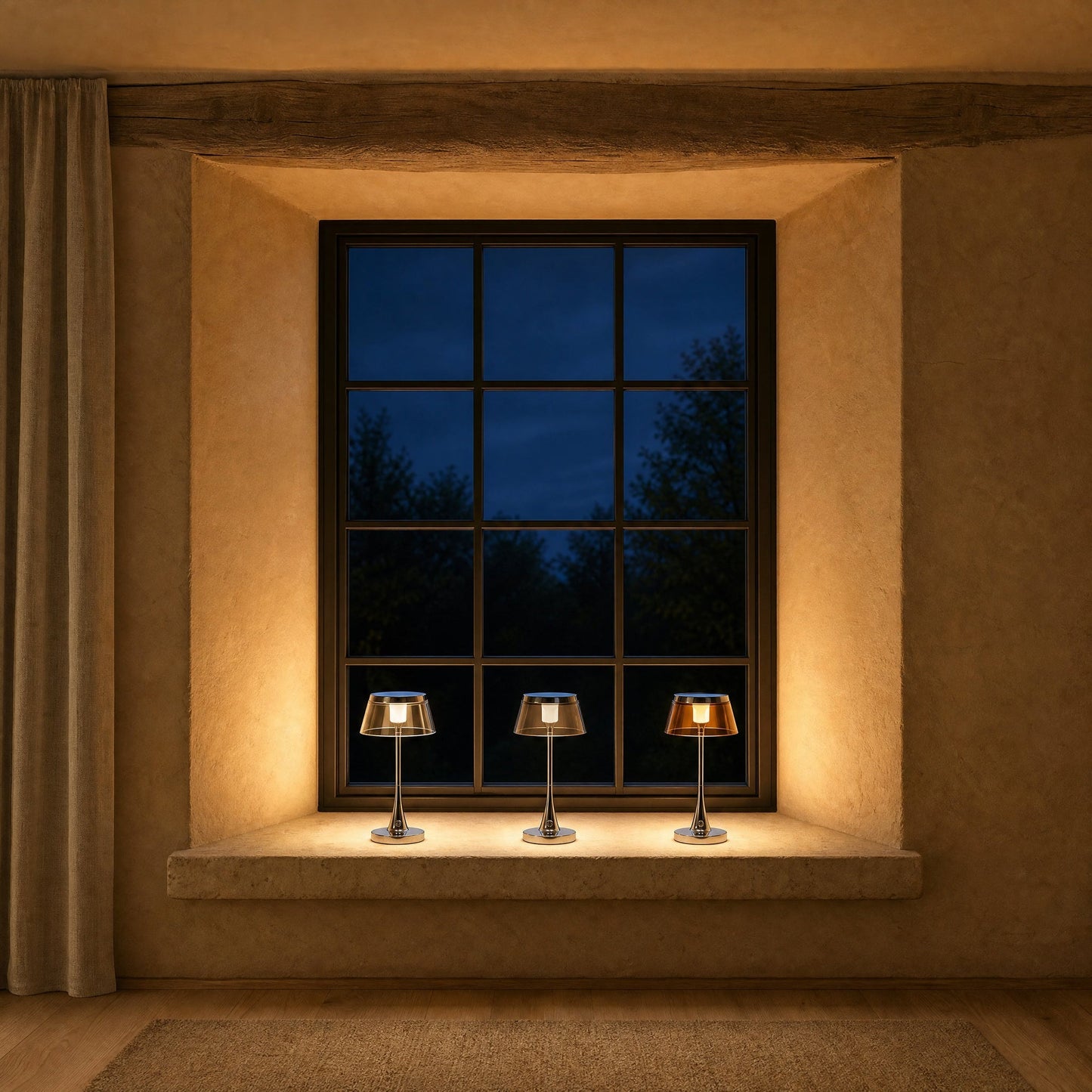 Three Tylen rechargeable table lamps, clear, smoked grey and amber, lit in a row on a windowsill | Wickleigh