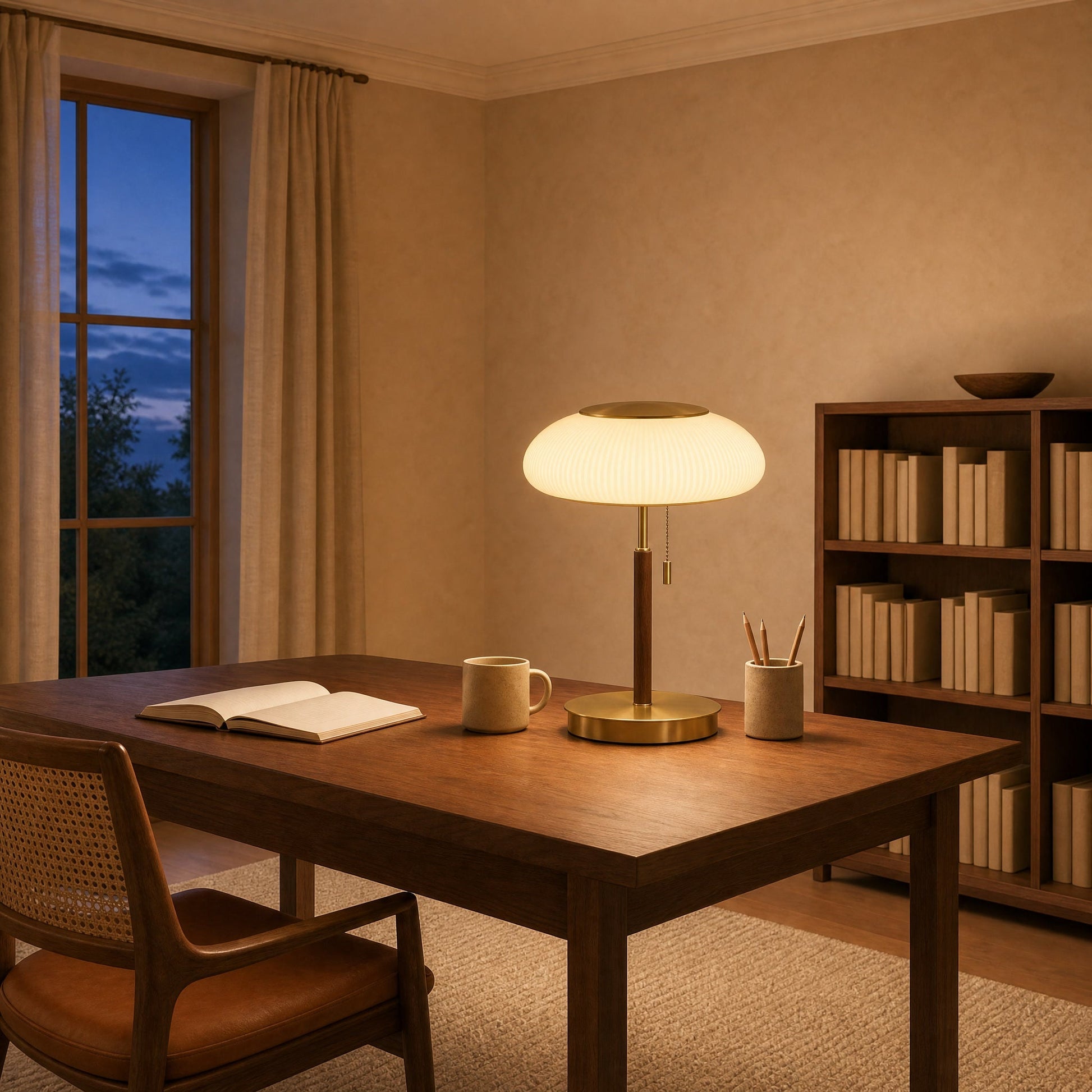 Grelin vintage table lamp lit on a walnut desk, in the evening | Wickleigh
