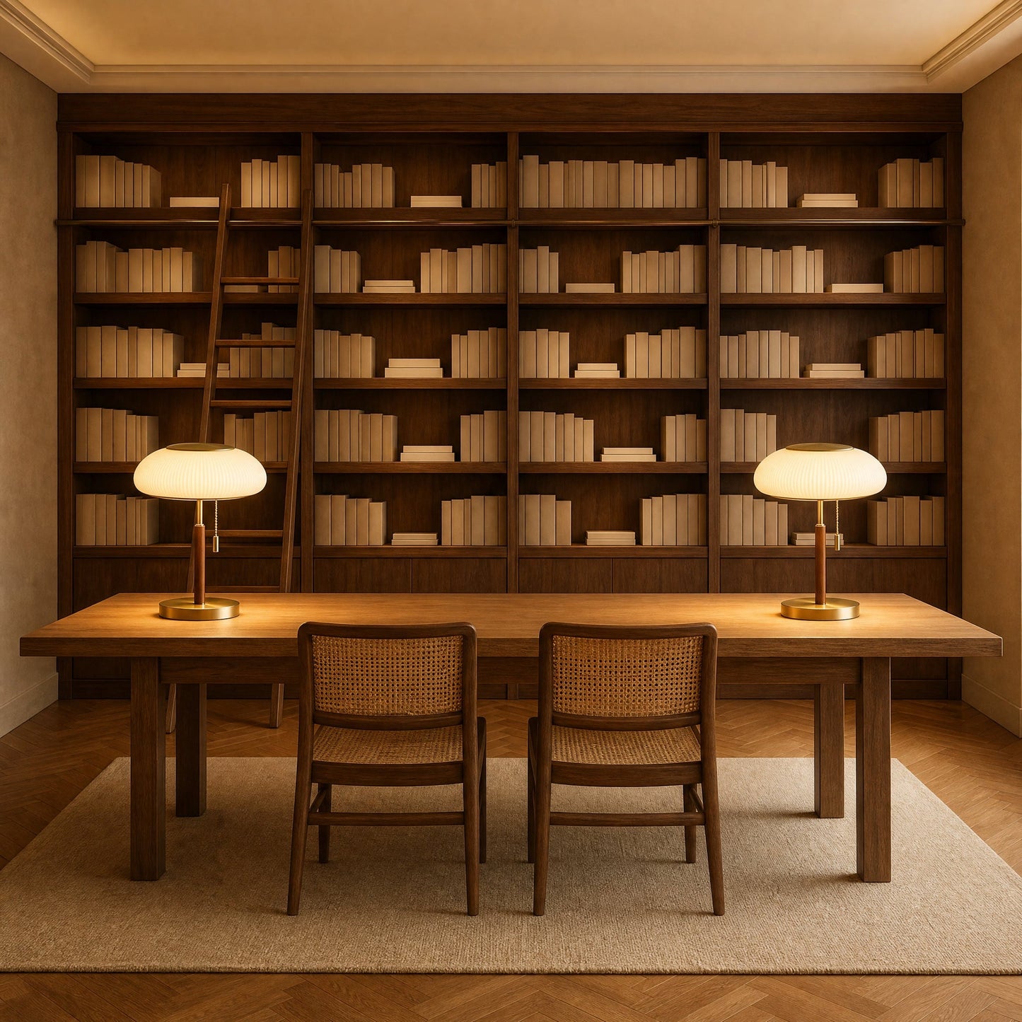 Two Grelin vintage table lamps lit on a library reading table | Wickleigh