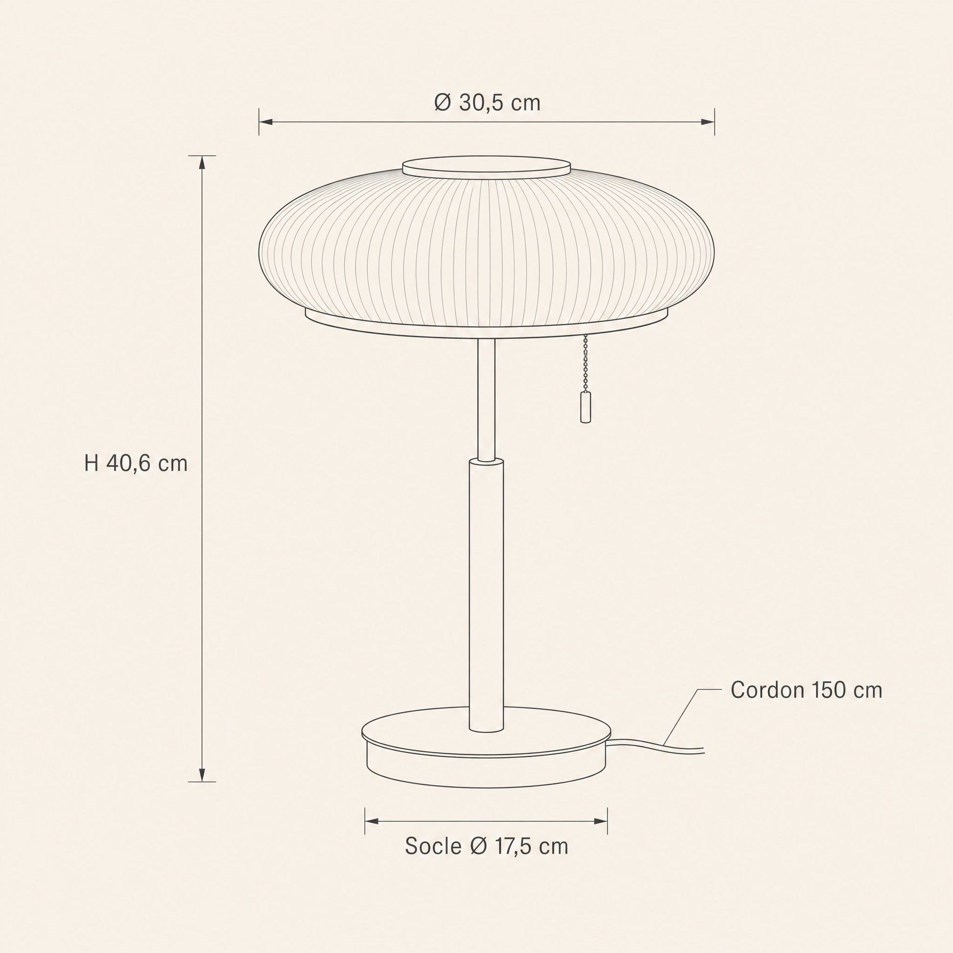 Dimensioned diagram of the Grelin vintage table lamp, 30.5 cm diameter and 40.6 cm height | Wickleigh