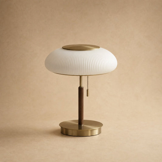 Grelin vintage table lamp in ribbed opaline glass, gold metal base and disc | Wickleigh
