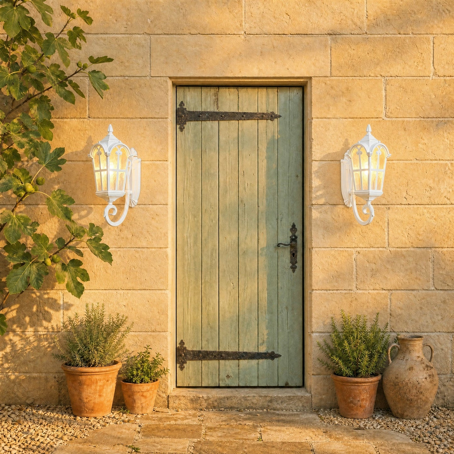 Two Lovna white outdoor wall lanterns lit either side of a garden gate | Wickleigh