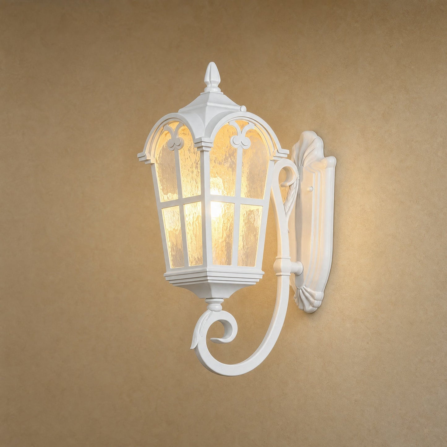 Lovna white outdoor wall lantern, Upright Lantern model, cast aluminium and hammered glass | Wickleigh