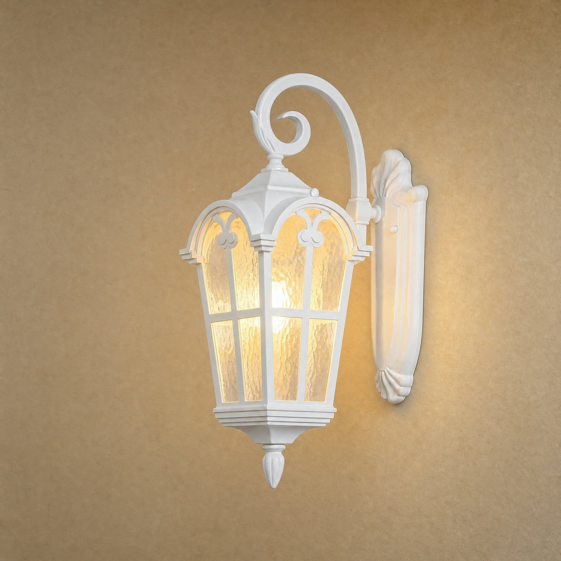 Lovna white outdoor wall lantern, Hanging Lantern model, arched scroll bracket | Wickleigh