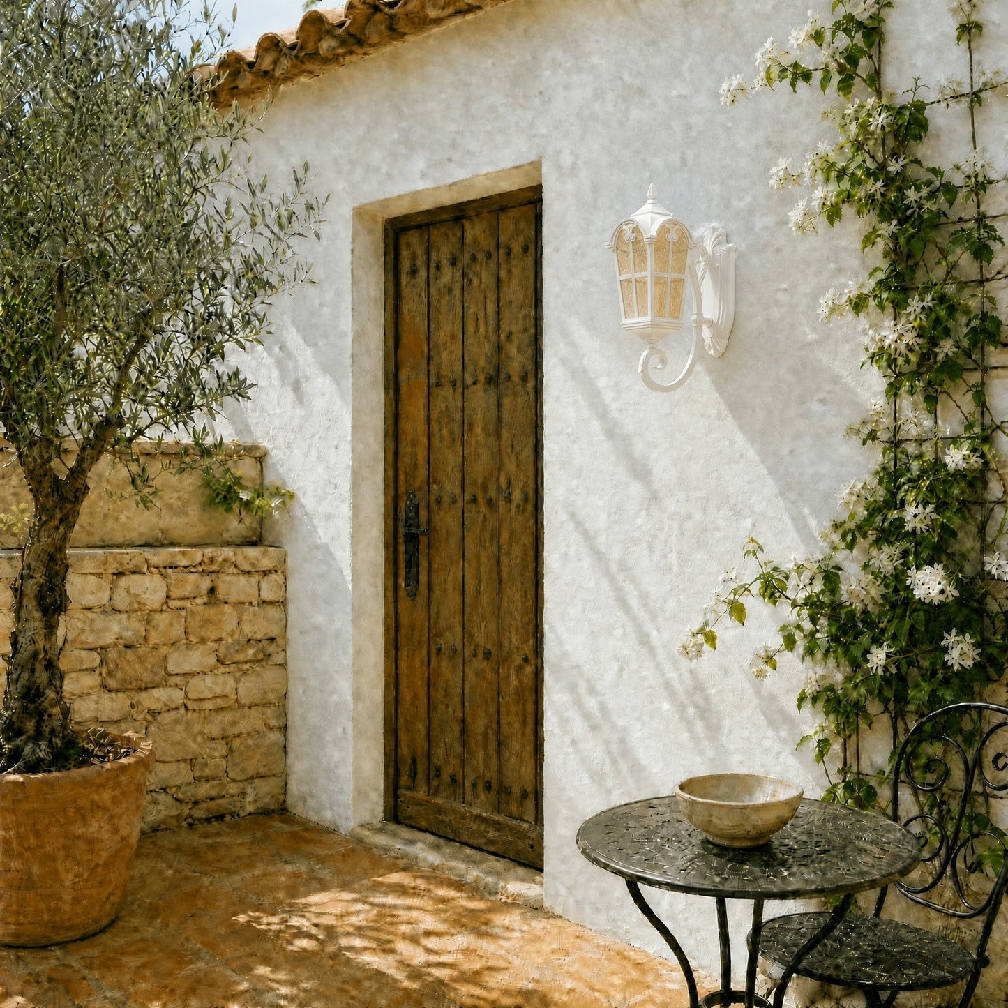Lovna white outdoor wall lantern mounted beside a wooden door on a patio | Wickleigh