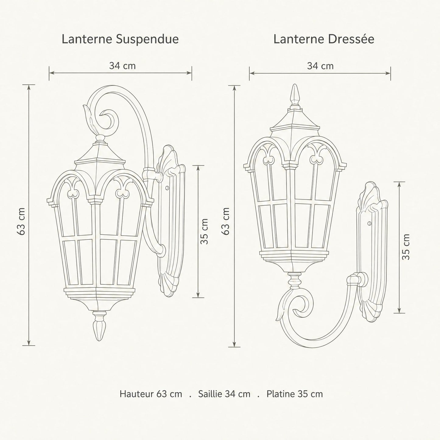 Dimension diagram of the Lovna outdoor wall lantern, height 63 cm, projection 34 cm, wall plate 35 cm | Wickleigh