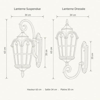 Dimension diagram of the Lovna outdoor wall lantern, height 63 cm, projection 34 cm, wall plate 35 cm | Wickleigh