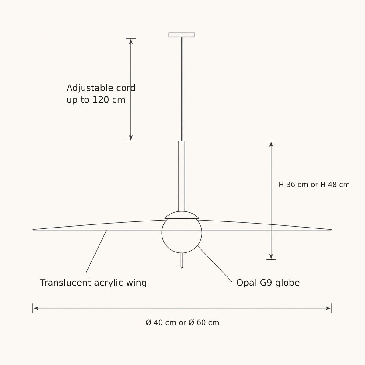 Ylron white wing pendant light size guide