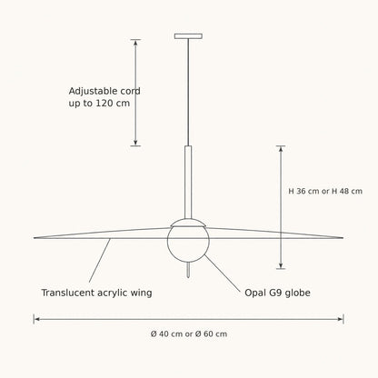 Ylron white wing pendant light size guide