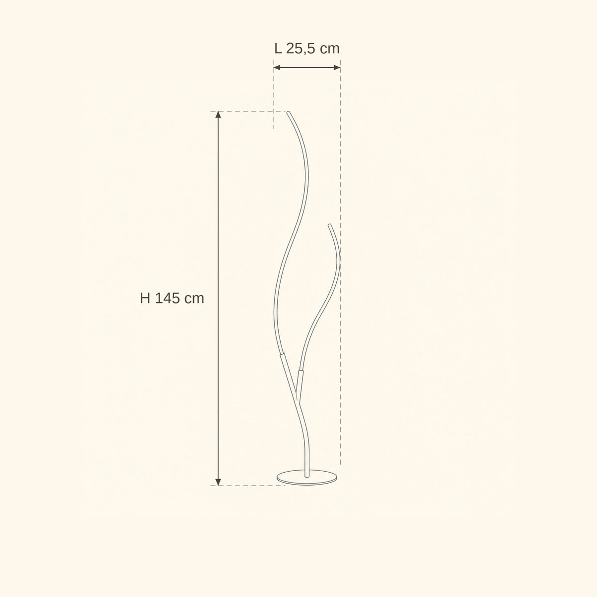 Dimension diagram of the Eyrra LED floor lamp, height 145 cm and width 25.5 cm | Wickleigh