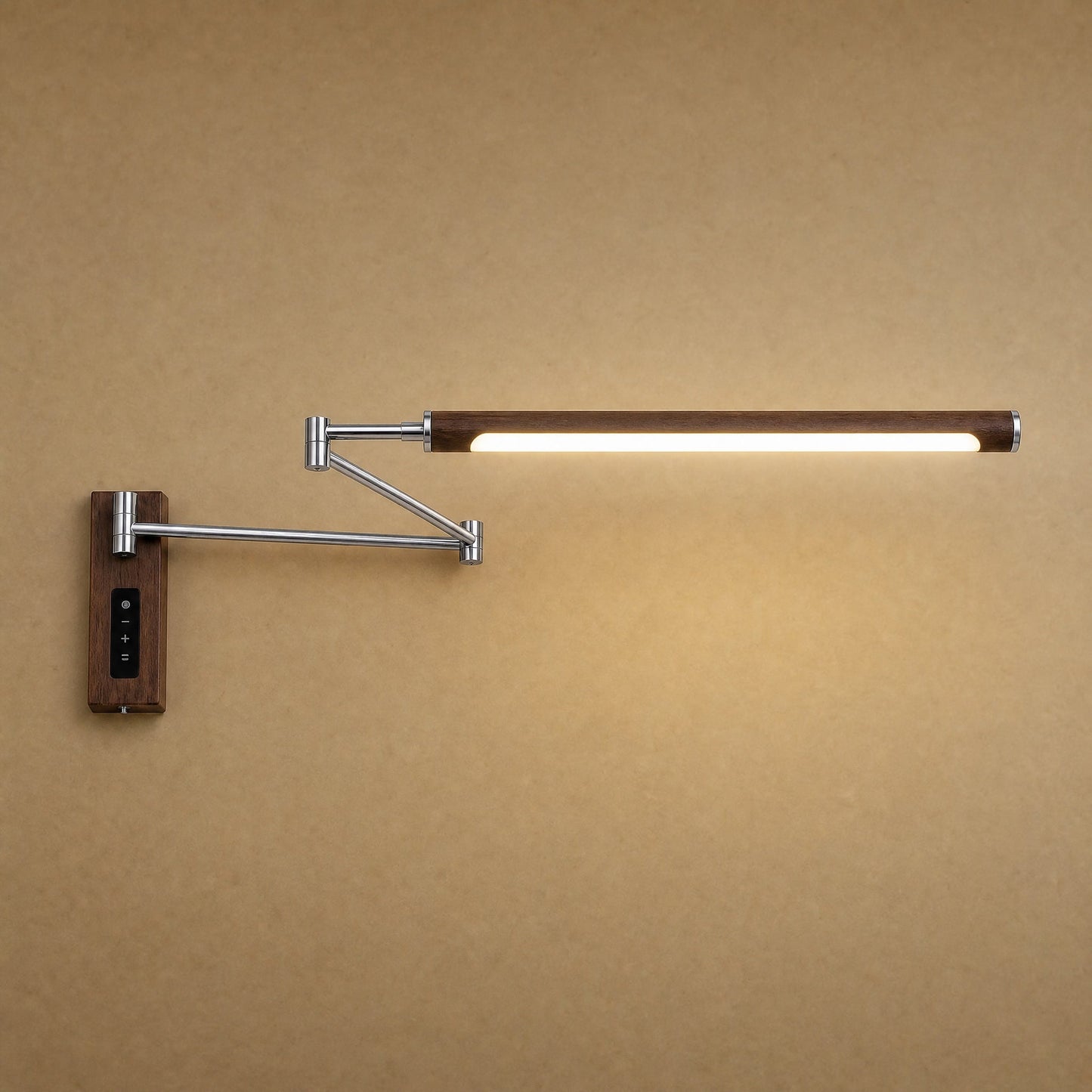 Vinra swing arm wall light in chrome silver finish, walnut-effect head | Wickleigh