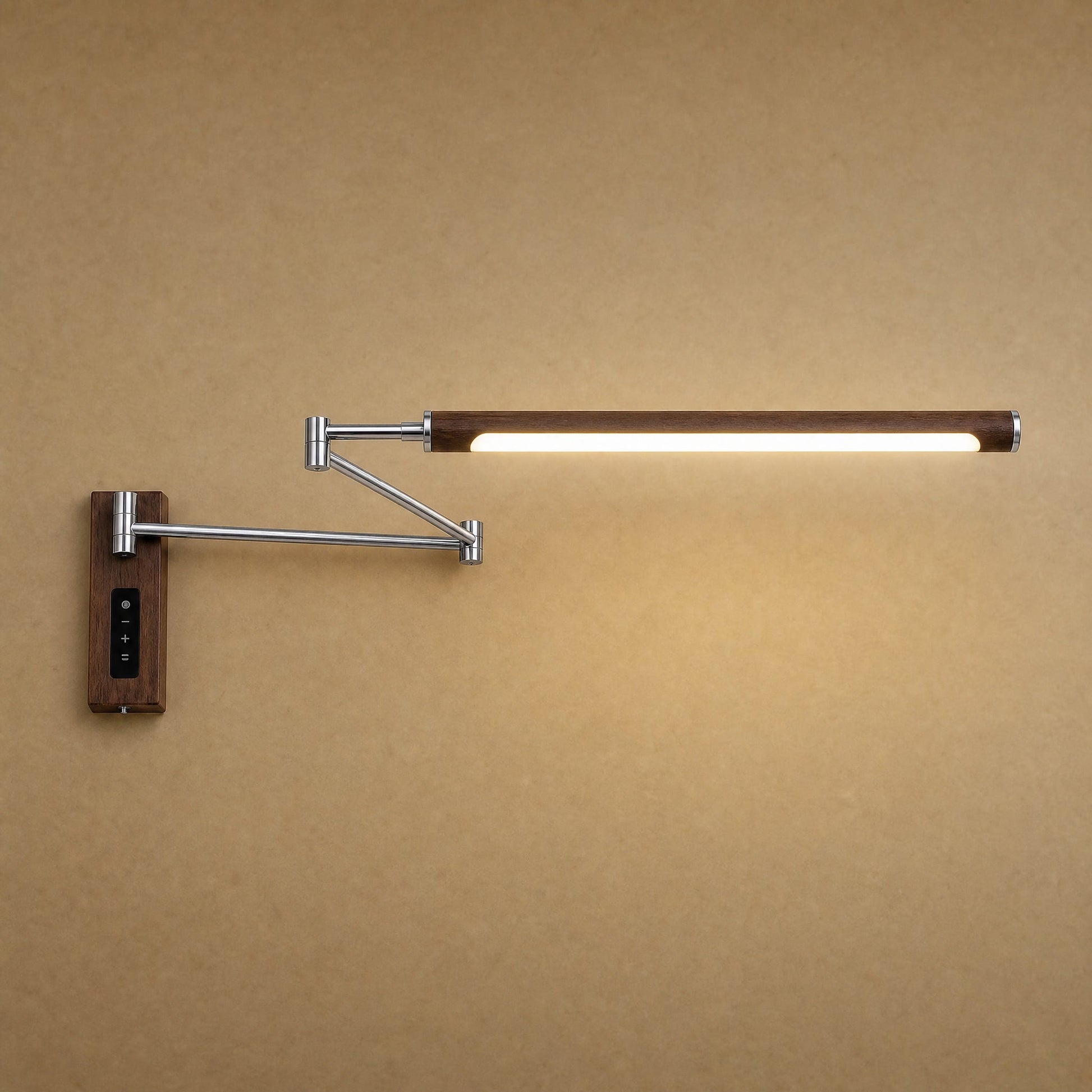 Vinra swing arm wall light in chrome silver finish, walnut-effect head | Wickleigh