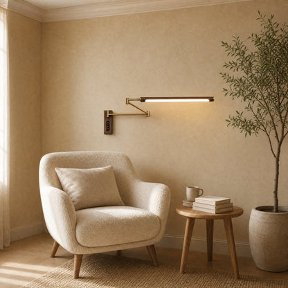 Vinra wall light in a reading corner with a linen armchair | Wickleigh
