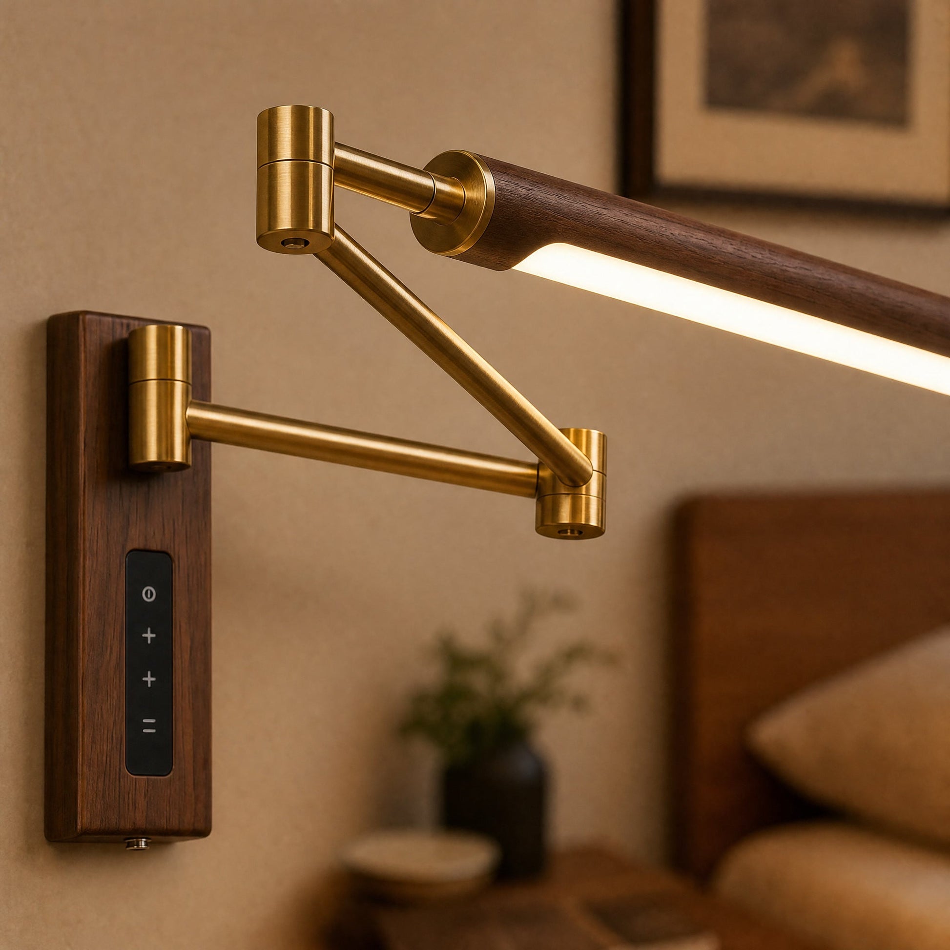 Detail of the Vinra brass articulated arm and walnut-effect head | Wickleigh