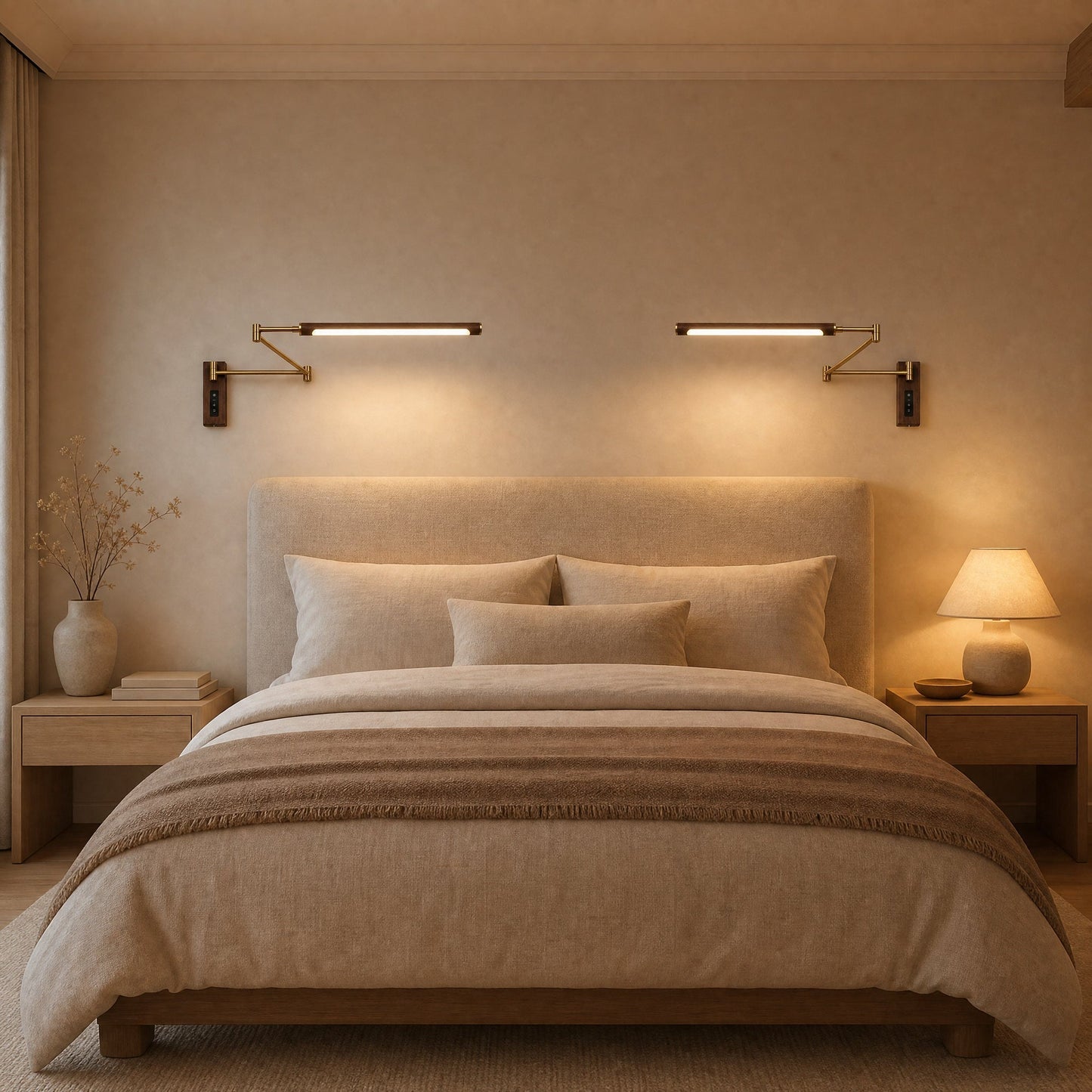 Two matching Vinra wall lights above a double bed | Wickleigh