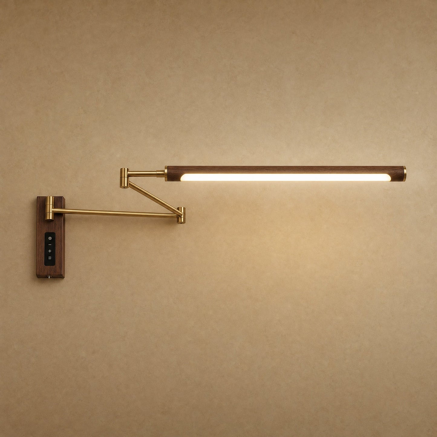 Vinra swing arm wall light in brass gold finish, walnut-effect head, integrated LED | Wickleigh