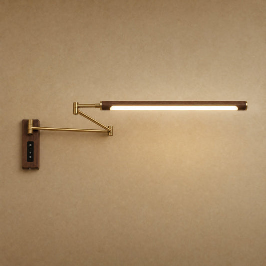 Vinra swing arm wall light in brass gold finish, walnut-effect head, integrated LED | Wickleigh