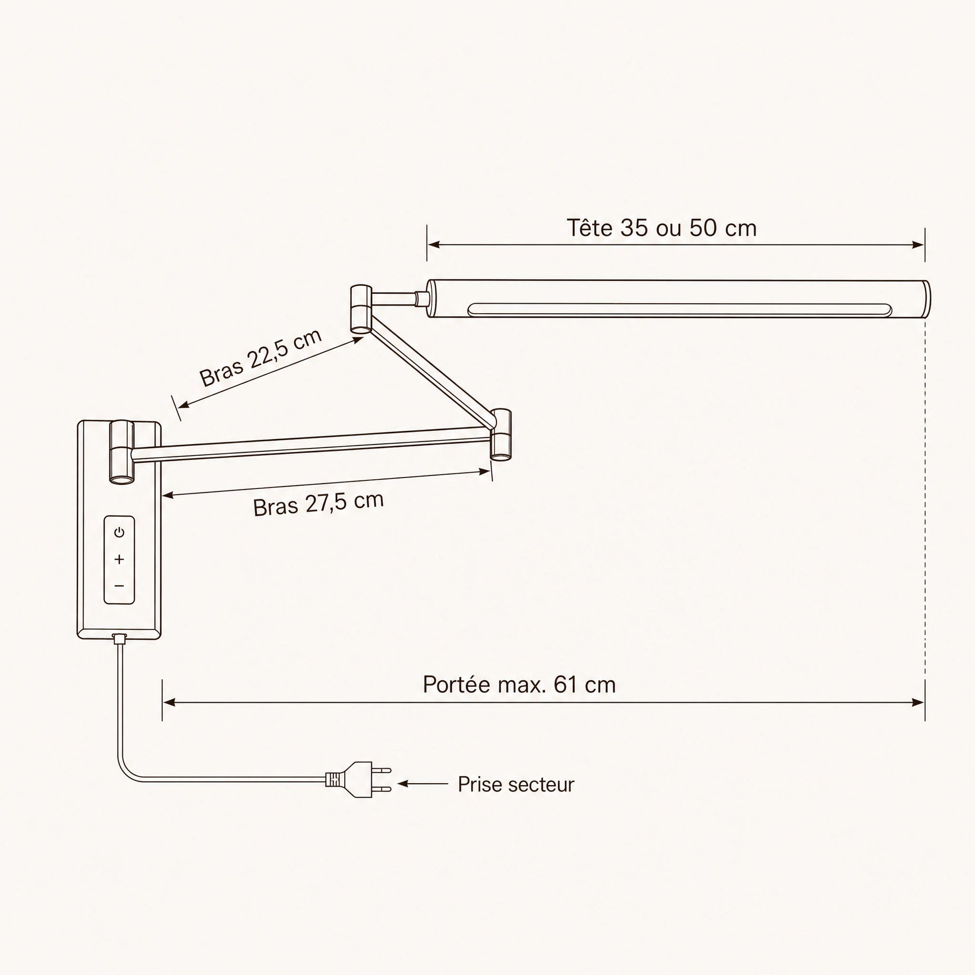 Dimension diagram of the Vinra swing arm wall light, arm and head measurements | Wickleigh