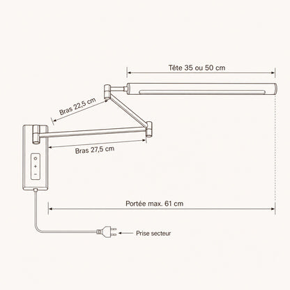 Dimension diagram of the Vinra swing arm wall light, arm and head measurements | Wickleigh