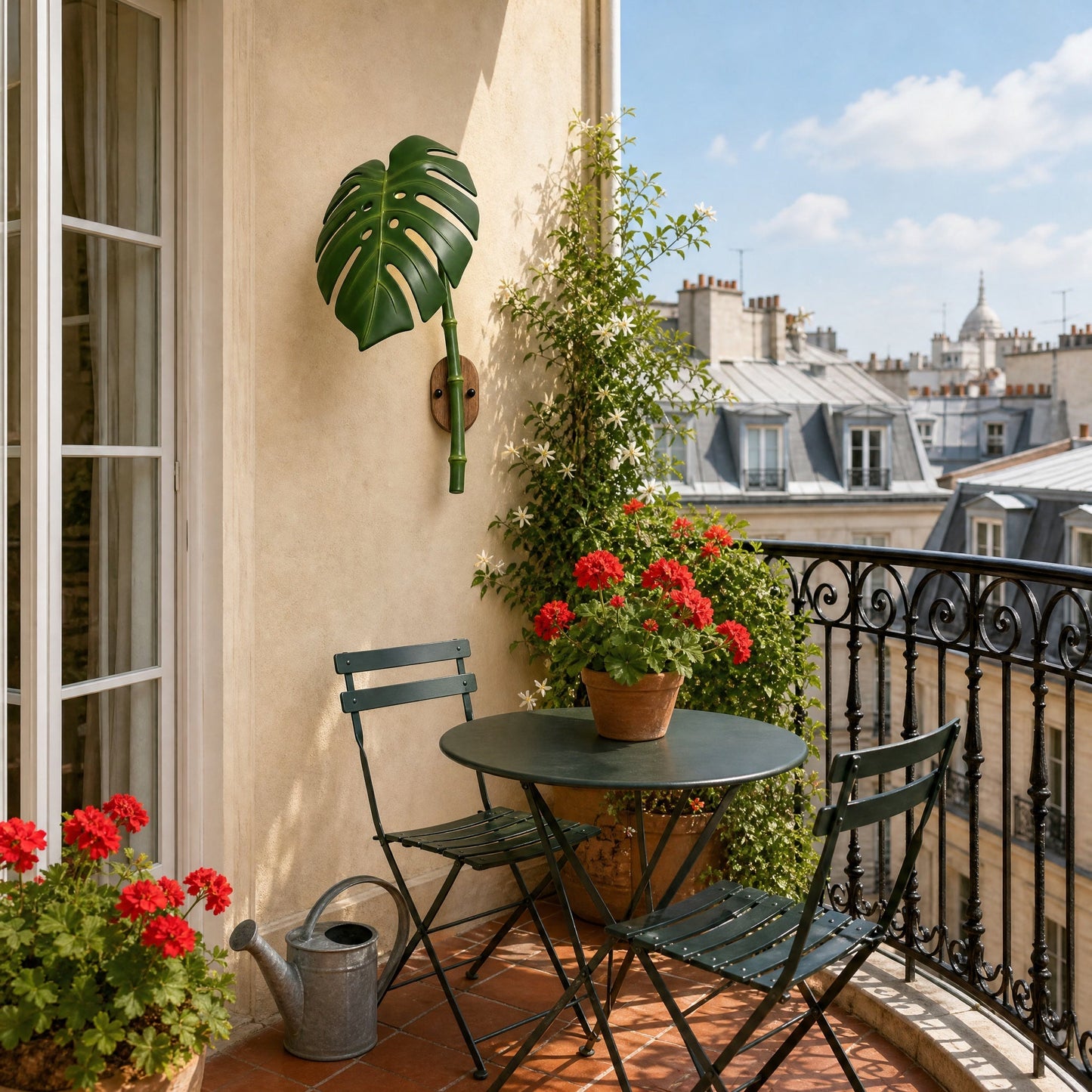 Linin Monstera leaf outdoor wall light on a balcony by day, bistro table and geraniums | Wickleigh