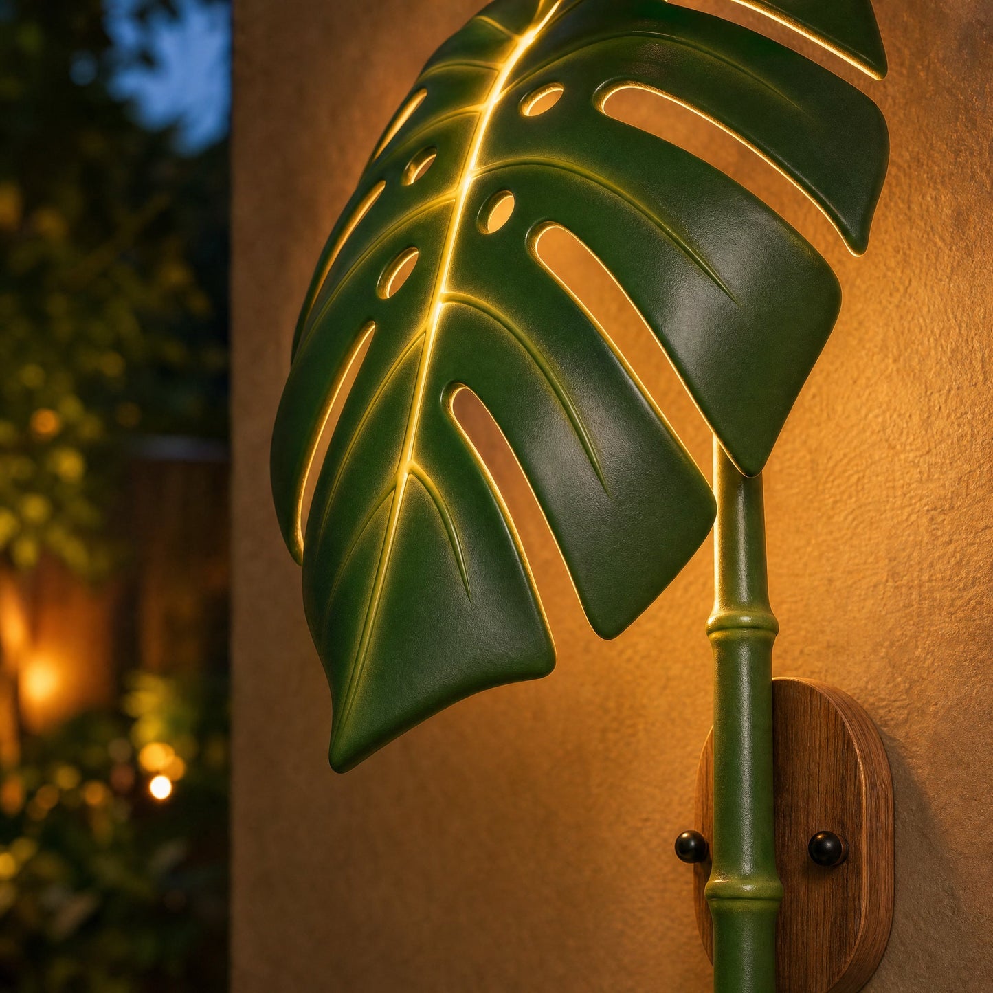 Detail of the lit moulded resin leaf, raised central vein and cut-outs letting warm light through | Wickleigh