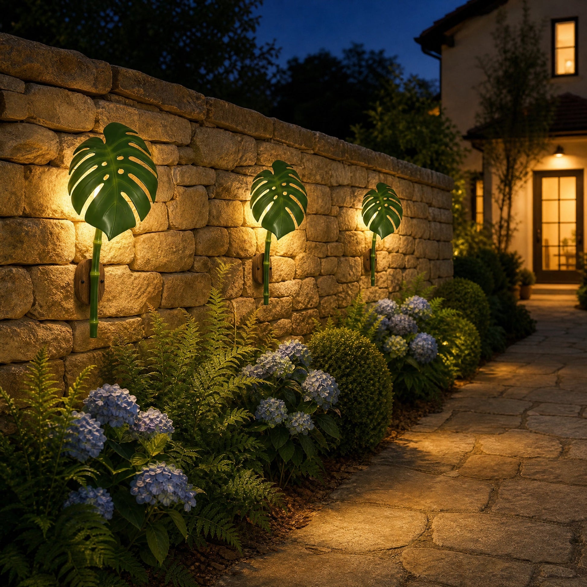 Three Linin Monstera leaf outdoor wall lights lit along a stone garden wall at nightfall | Wickleigh