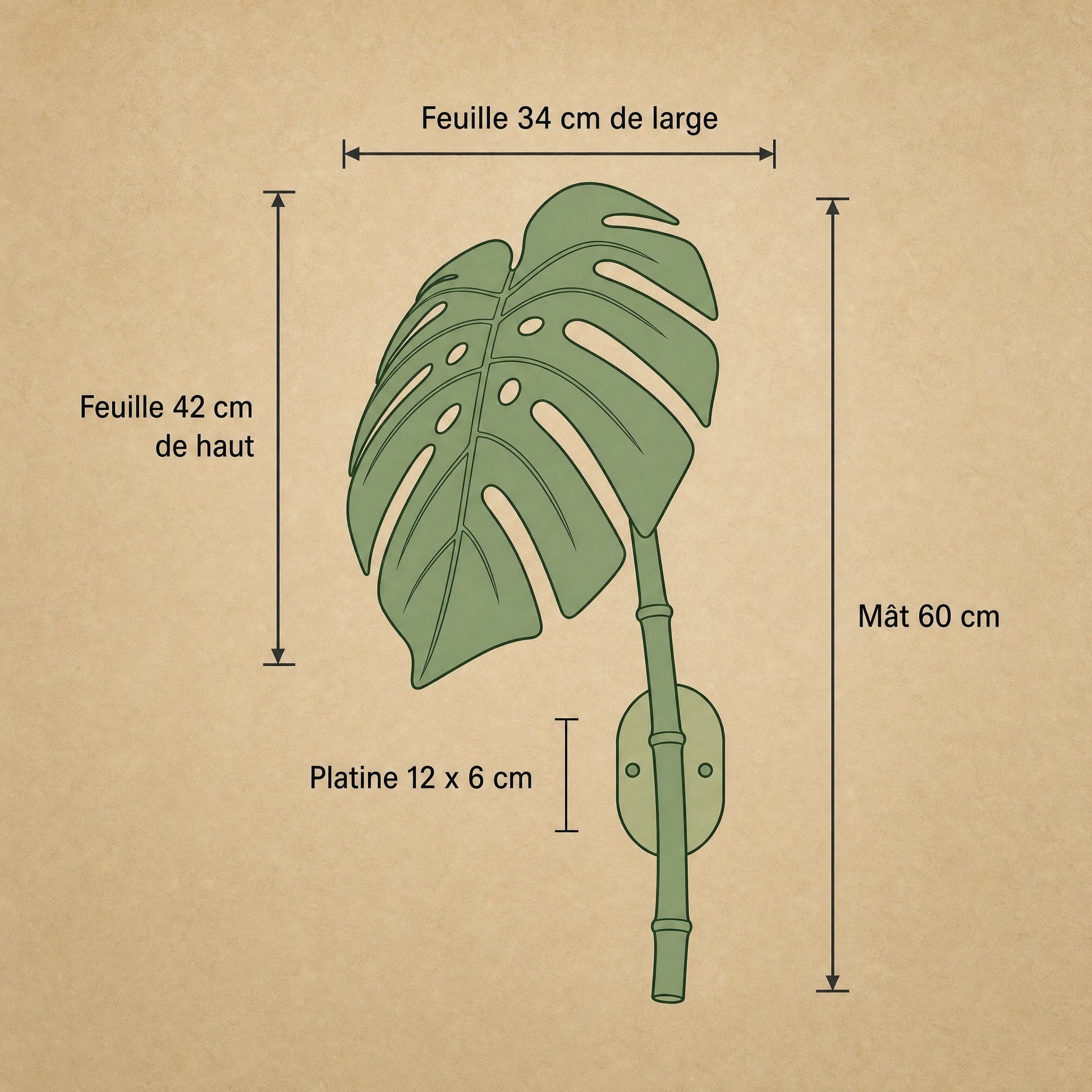 Dimension diagram of the Linin outdoor wall light, leaf 34 x 42cm, stem 60cm, plate 12 x 6cm | Wickleigh