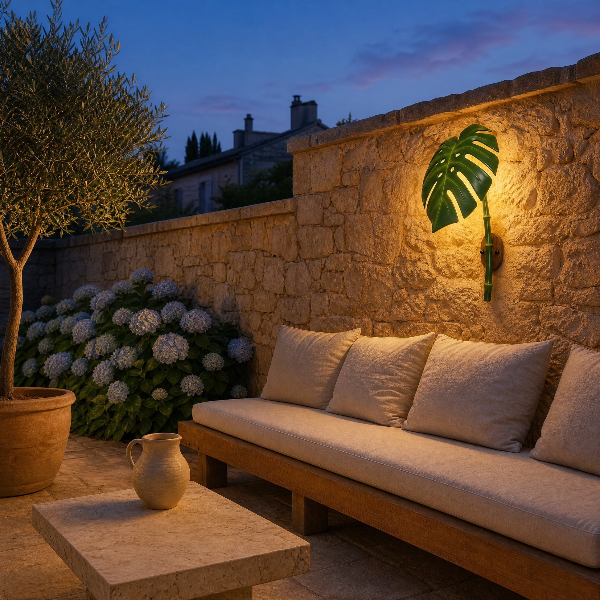 Linin Monstera leaf outdoor wall light lit at dusk on a stone terrace wall, teak bench and hydrangeas | Wickleigh