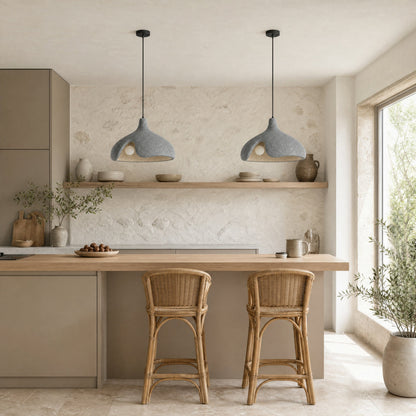 Two speckled grey Elrin pendant lights above a light oak kitchen bar | Wickleigh