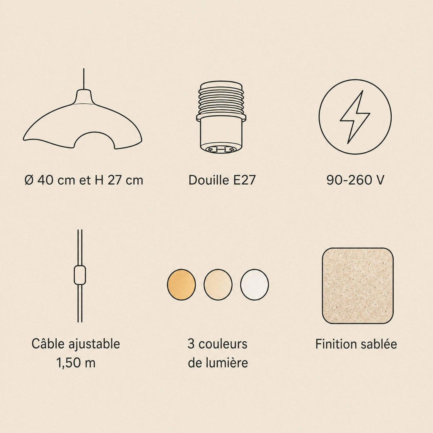 Features of the Elrin pendant light, E27 fitting, 90-260V, sanded finish | Wickleigh