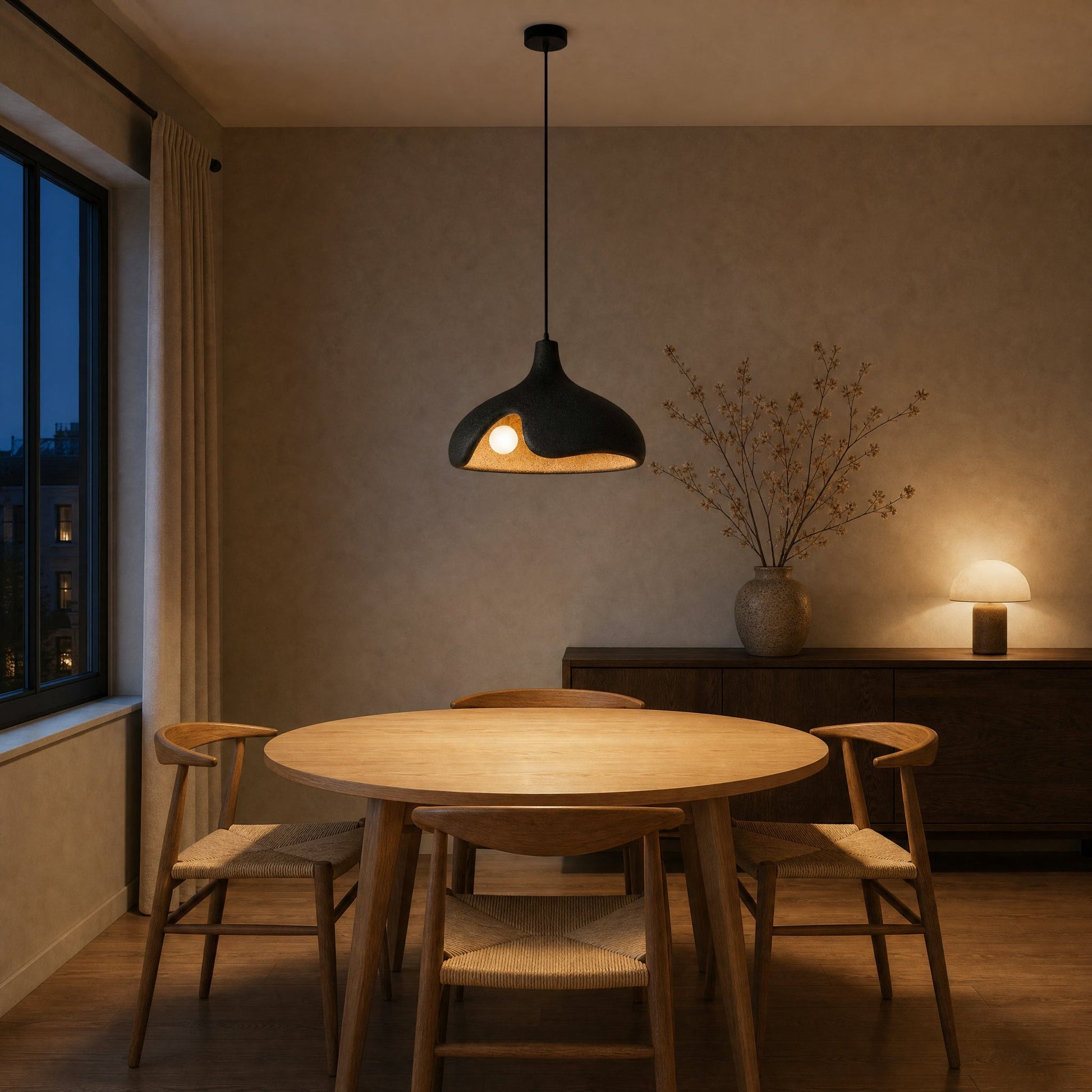 Black Elrin pendant light lit above a round ash dining table | Wickleigh