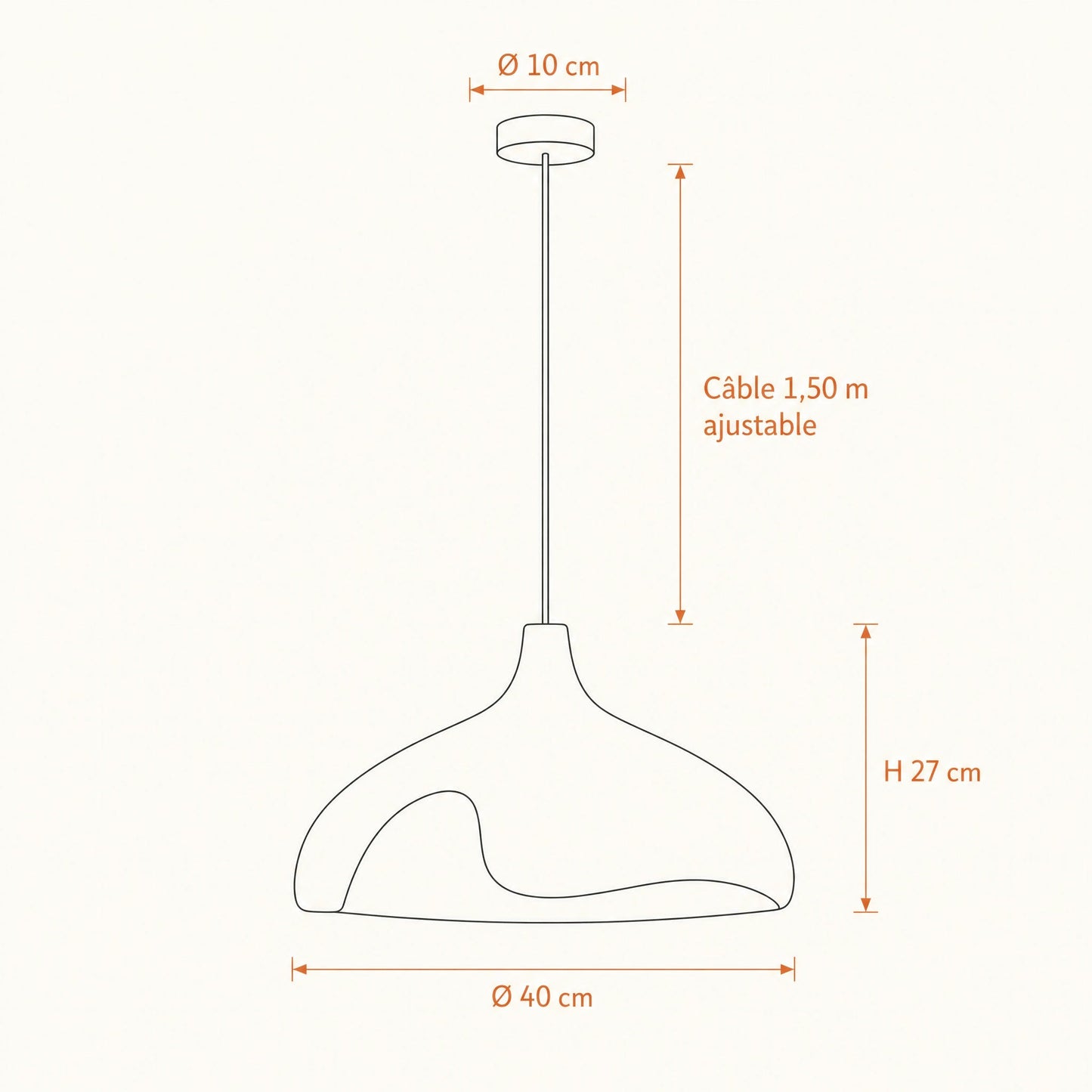 Dimension diagram of the Elrin pendant light, Ø40cm, height 27cm, adjustable cable 1.50m | Wickleigh