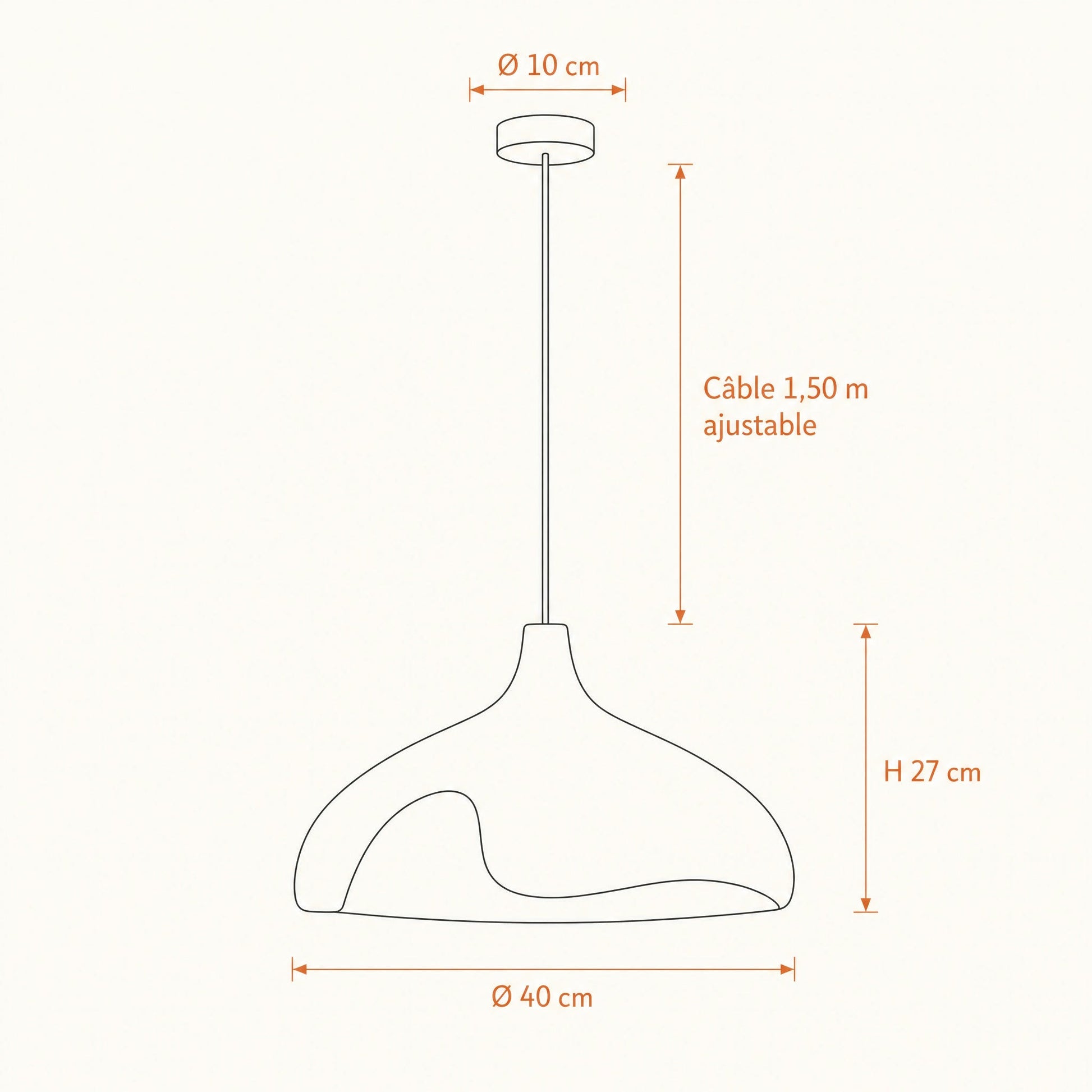 Dimension diagram of the Elrin pendant light, Ø40cm, height 27cm, adjustable cable 1.50m | Wickleigh