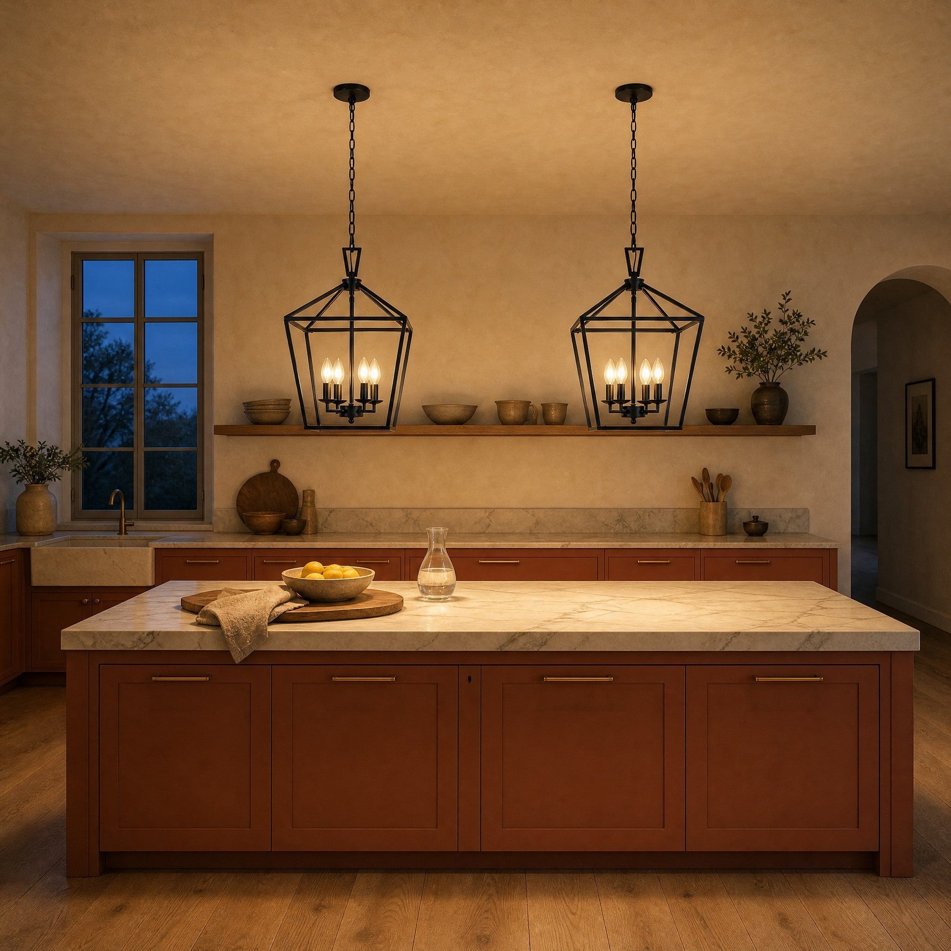 Two black Molvra lantern pendant lights aligned above a kitchen island | Wickleigh