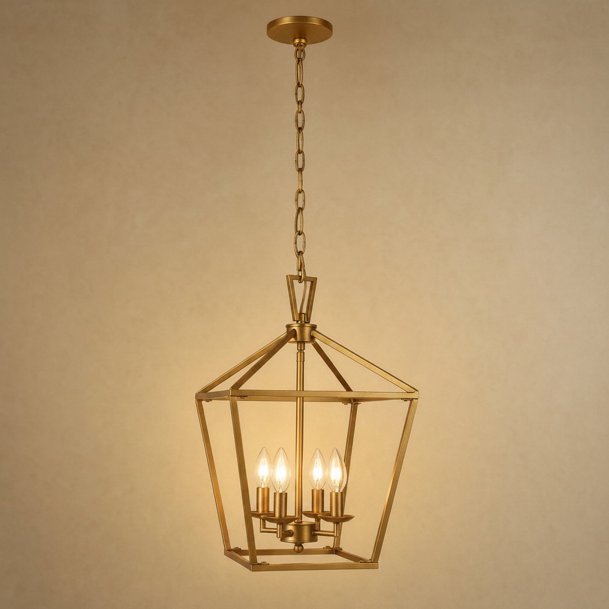 Molvra hallway lantern pendant light, satin gold metal cage with four bulbs | Wickleigh