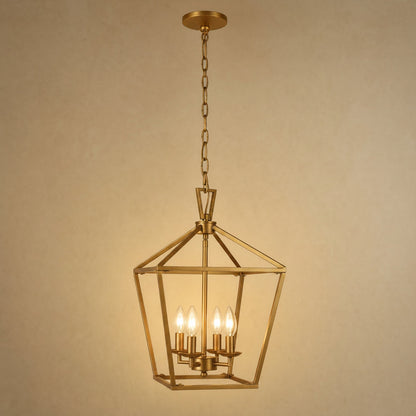 Molvra hallway lantern pendant light, satin gold metal cage with four bulbs | Wickleigh