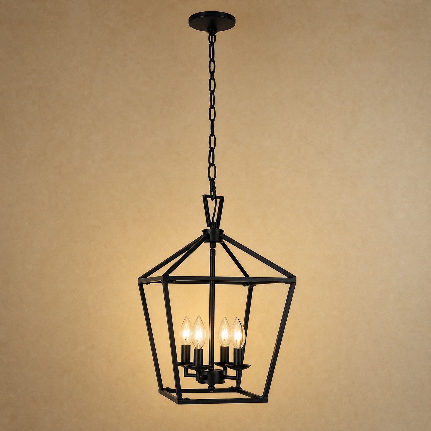 Molvra hallway lantern pendant light, black matt metal cage with four bulbs | Wickleigh