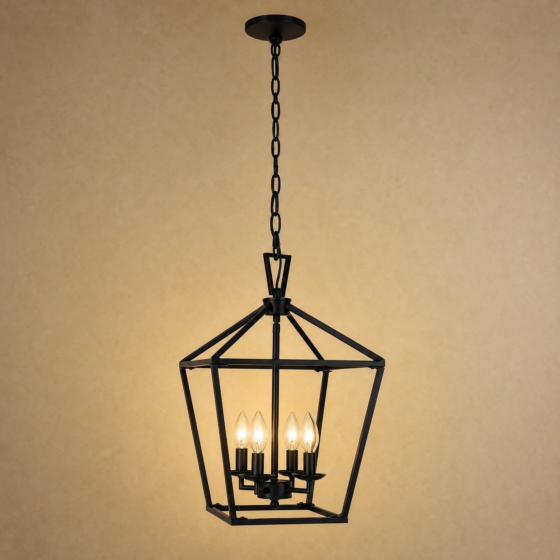 Molvra hallway lantern pendant light, black matt metal cage with four bulbs | Wickleigh