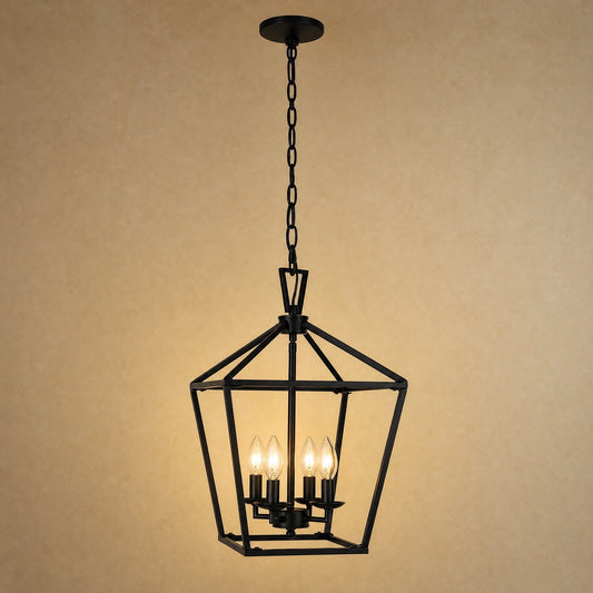 Molvra hallway lantern pendant light, black matt metal cage with four bulbs | Wickleigh