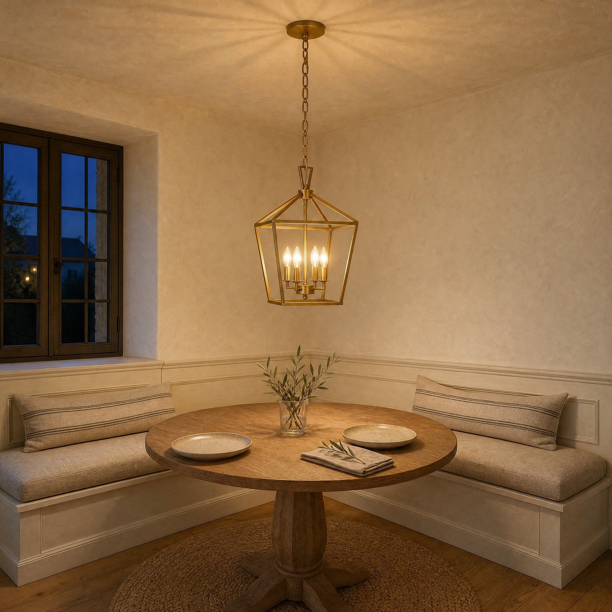 Molvra gold lantern pendant light lit above a round dining table | Wickleigh