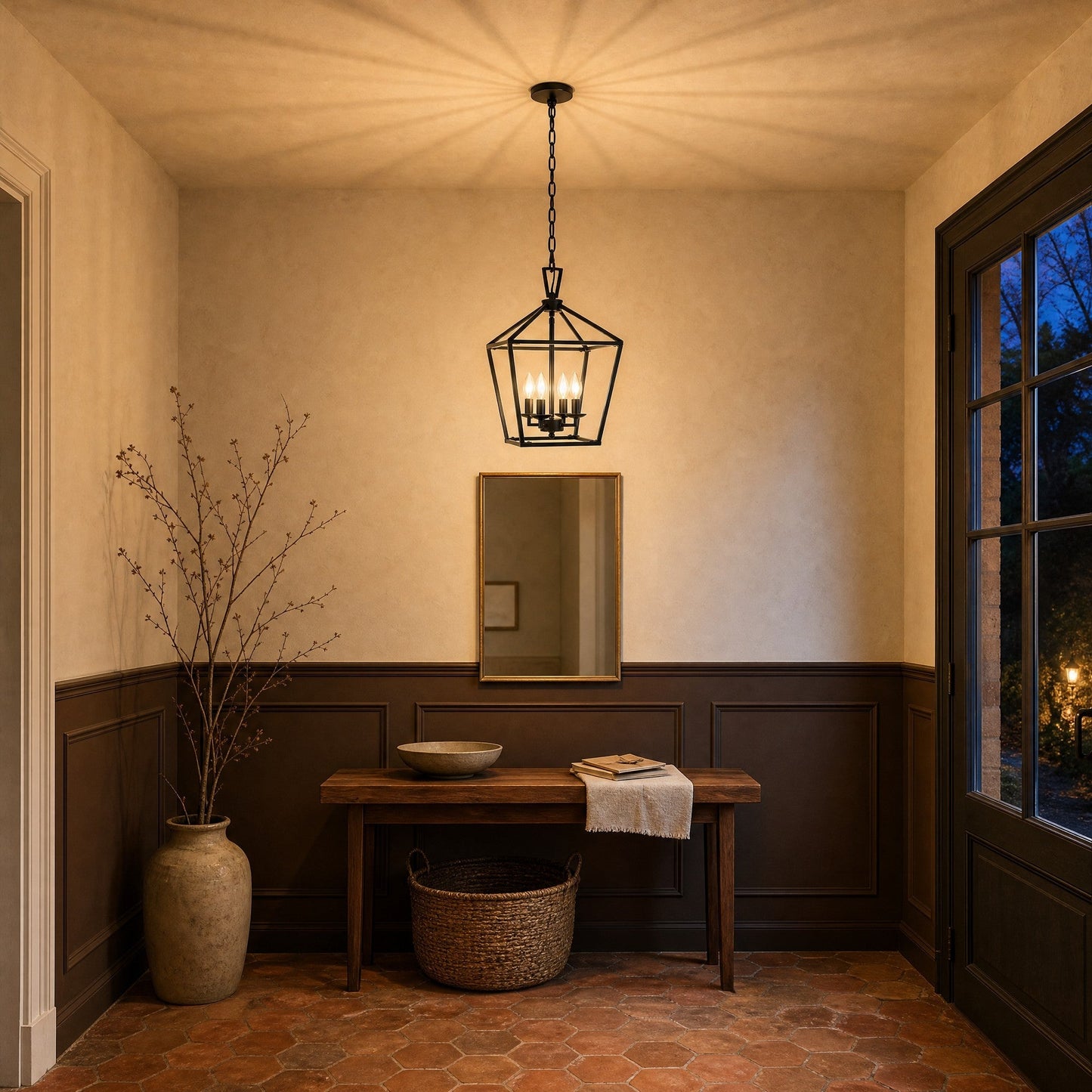 Molvra black lantern pendant light lit in a townhouse entrance, terracotta tiles and panelling | Wickleigh