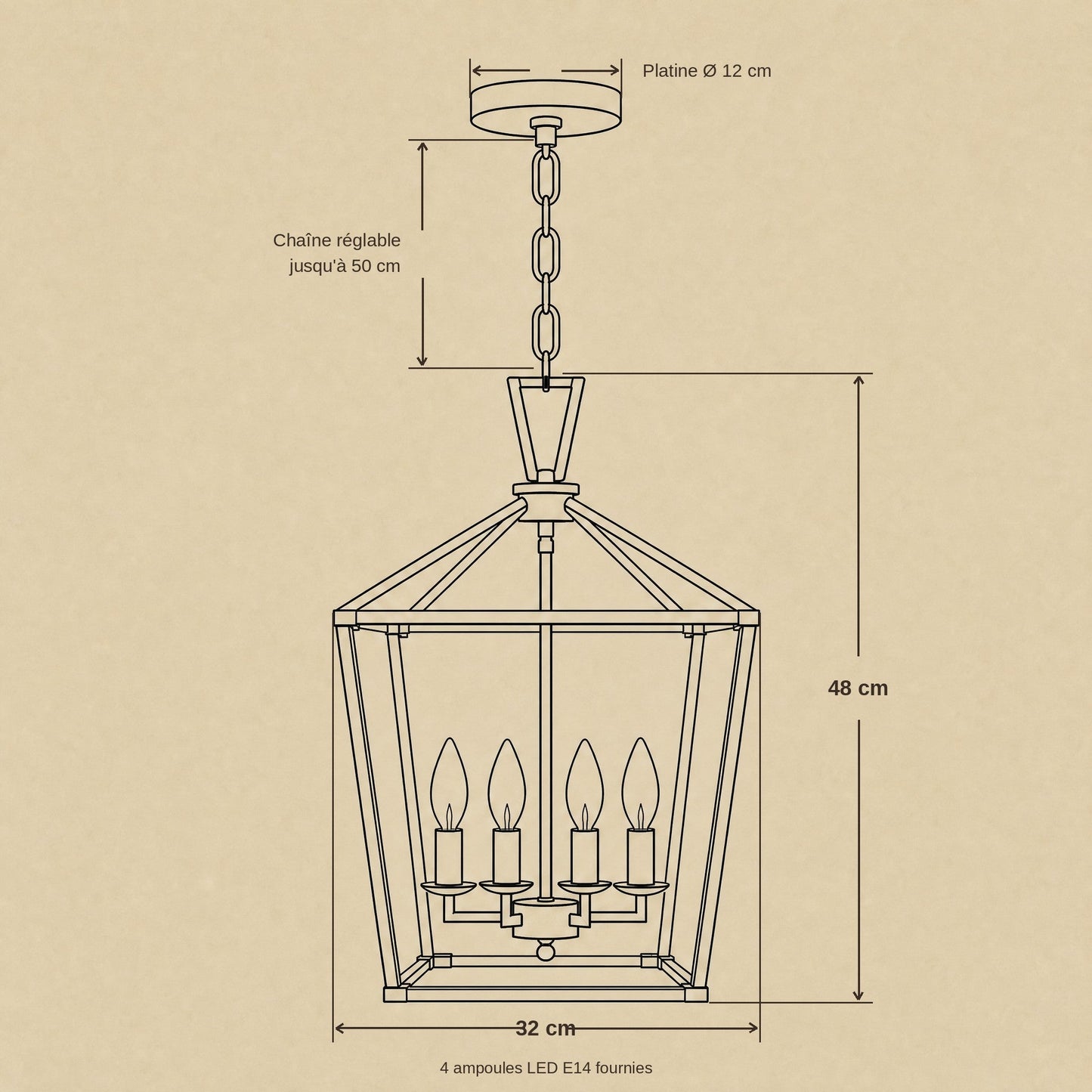 Dimension diagram of the Molvra lantern pendant light, 32 cm wide, 48 cm high, adjustable chain | Wickleigh