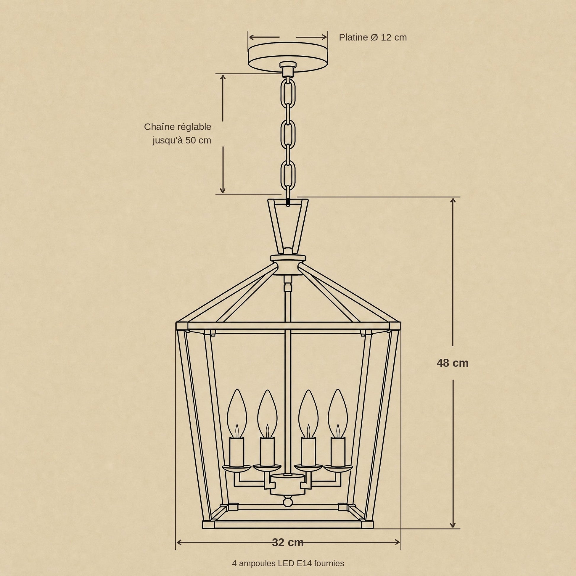 Dimension diagram of the Molvra lantern pendant light, 32 cm wide, 48 cm high, adjustable chain | Wickleigh
