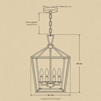 Dimension diagram of the Molvra lantern pendant light, 32 cm wide, 48 cm high, adjustable chain | Wickleigh