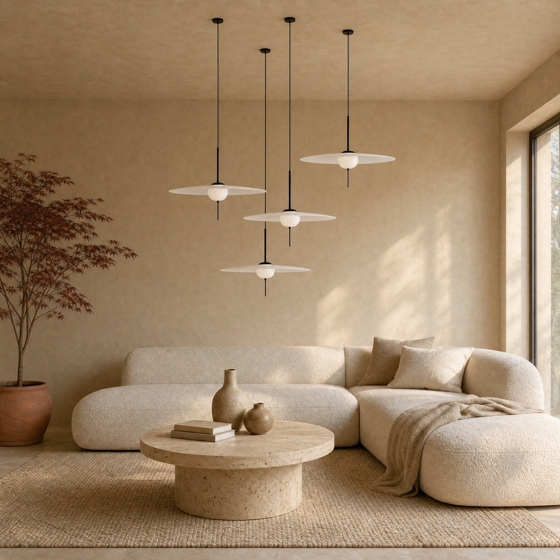 Four Ylron pendant lights cascading at staggered heights above a corner sofa | Wickleigh