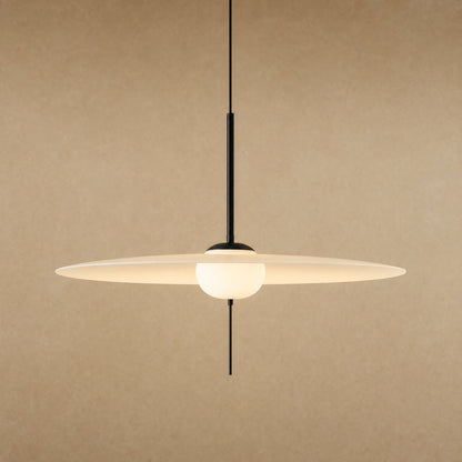 Ylron large pendant light, translucent white acrylic wing pierced by an opal globe, front view | Wickleigh