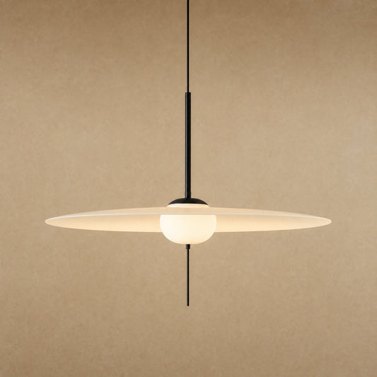 Ylron large pendant light, translucent white acrylic wing pierced by an opal globe, front view | Wickleigh
