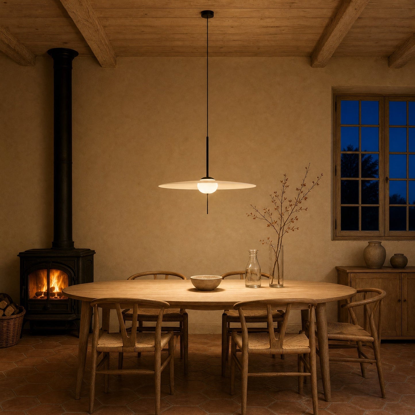 Ylron pendant light lit above an oval table, country house dining room with a wood burning stove | Wickleigh