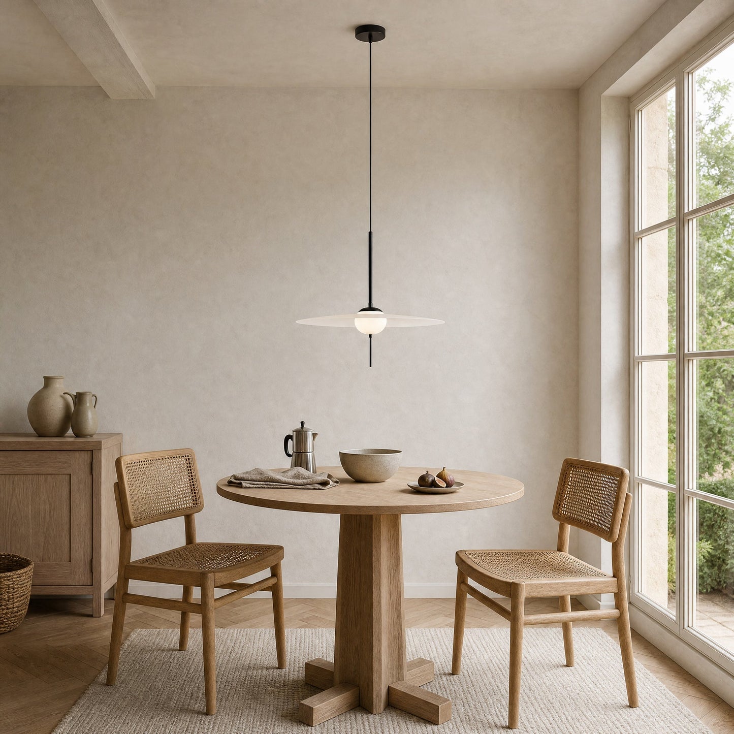 Ylron pendant light above a round breakfast table, in daylight beside the window | Wickleigh